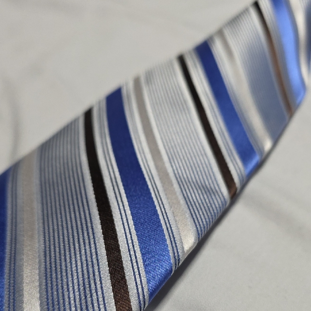 Bachrach Blue, Silver, and Brown Striped Tie
